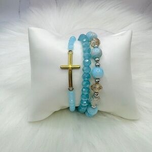 Stainless Steel Cross beaded Arm Candy  Bracelet -  Blue Marine